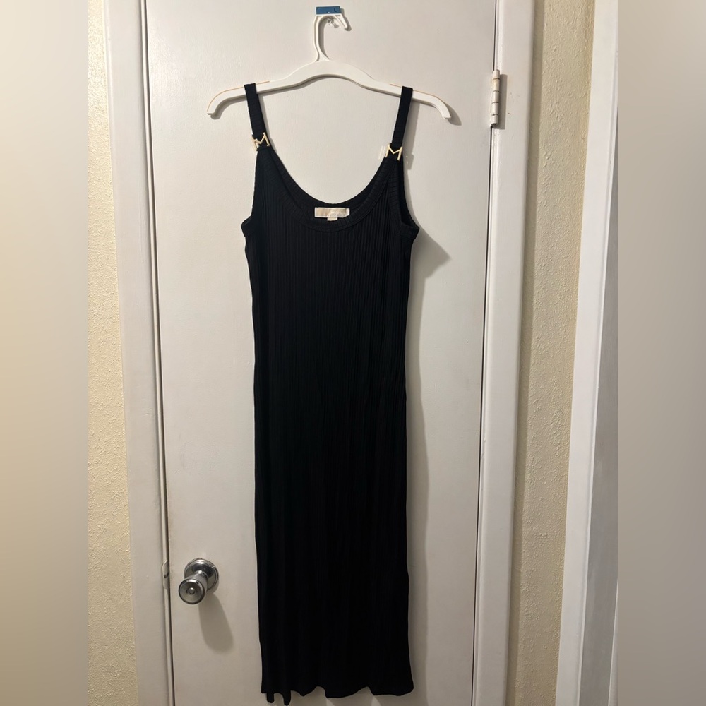 Michael Kors Ribbed Black Midi Dress with M initial on the strap